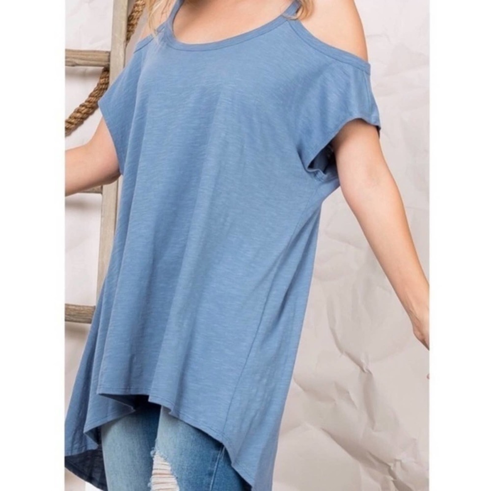 Blue Cotton Cold Shoulder Tunic Top Made in USA - Picture 3 of 4